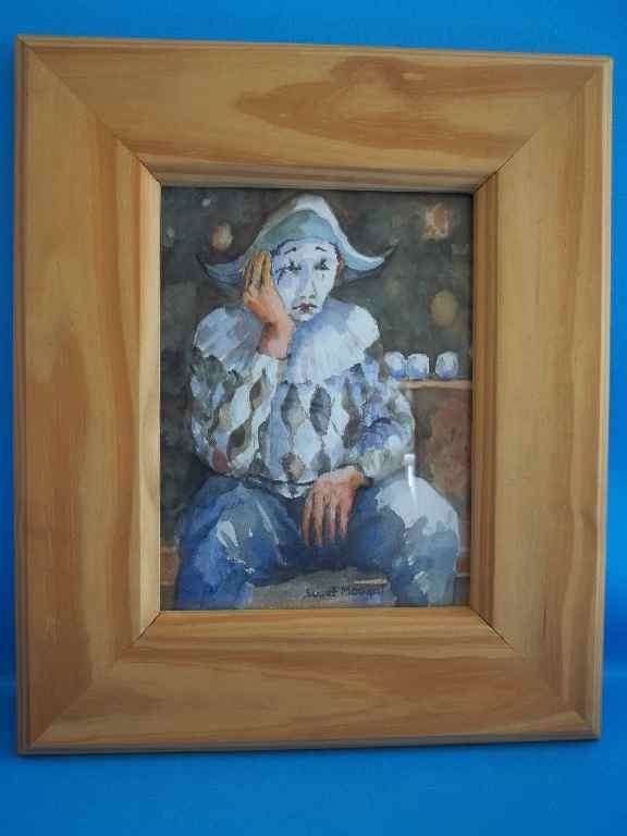 Clown Watercolour - Suset Maakal , Framed Behind Glass In A Wood Frame - Frame Size 27cm/32cm