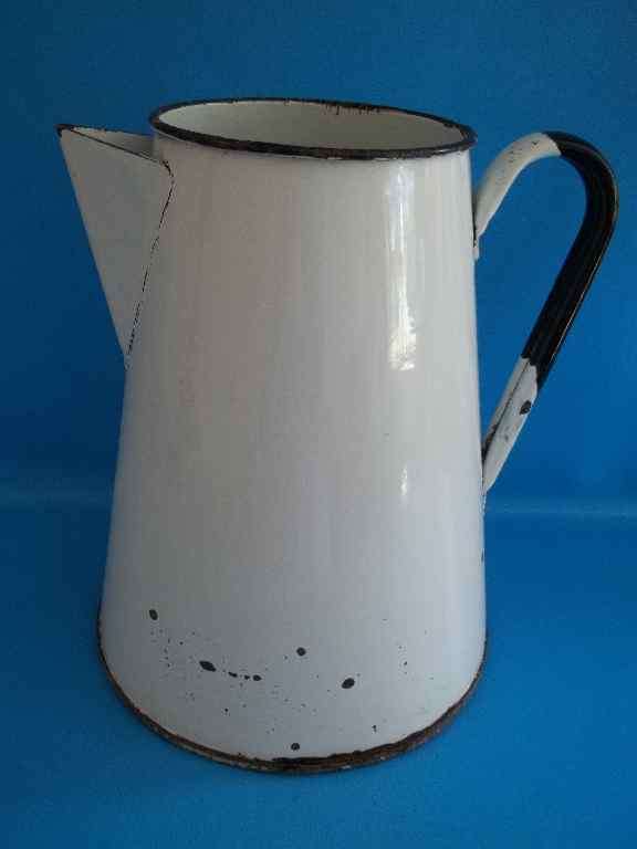 Large Old White/Black Rim Enamel Water Jug - Height 27cm; Base Diameter 22cm