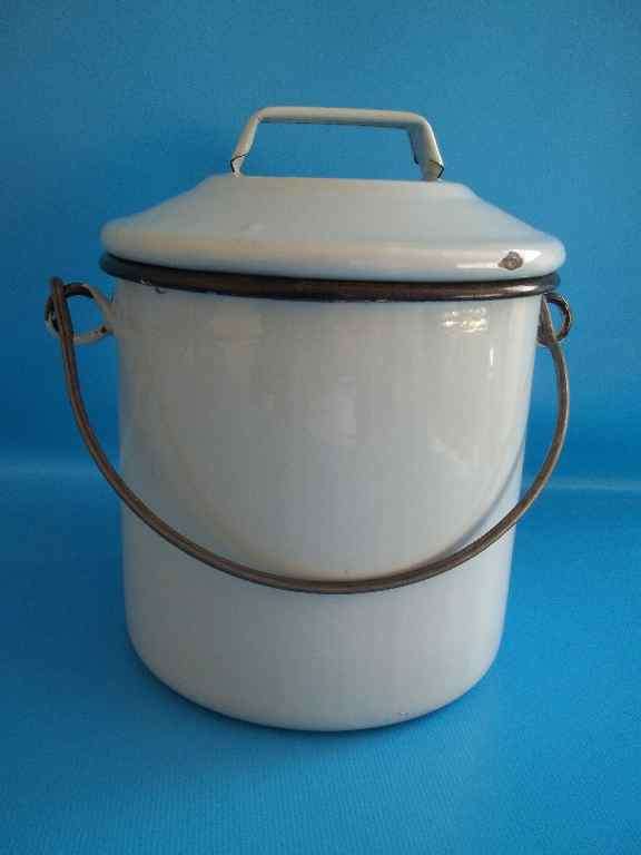 Miniature Pale Blue / Black Rim Enamel Bucket - Height 16cm - Diameter 12cm