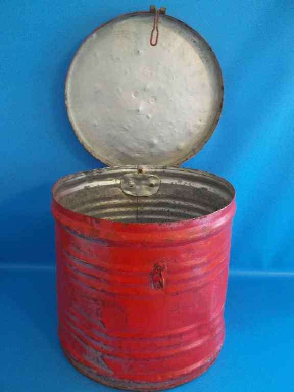 Large Old Red Painted Metal Carry Tin - Height 26cm - Diameter 26cm