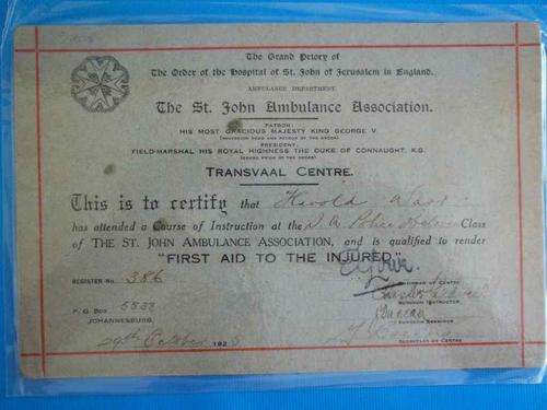 The St John Ambulance Association Certificate, 1925, Presented To Harold Warr - Laminated