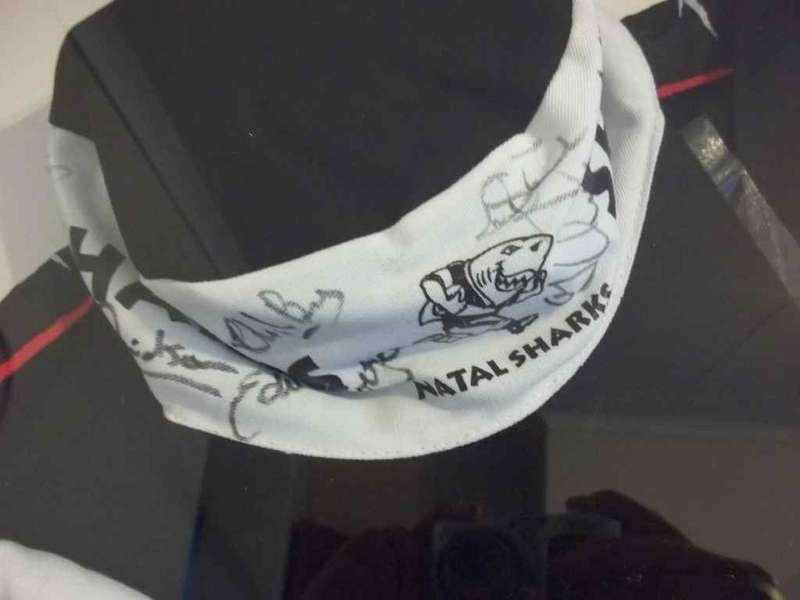 2001/2002 Sharks Rugby Team Autographed Rugby Jersey + Cap In A Quality Frame Behind Glass