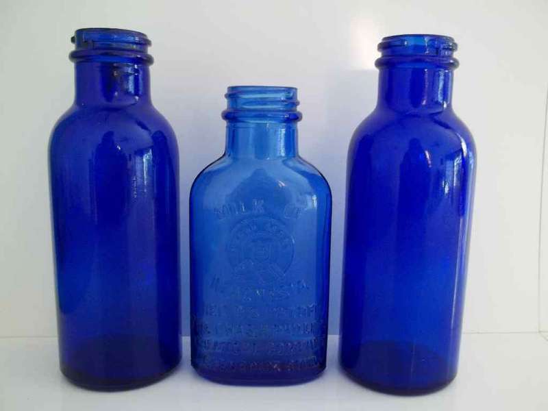 3 X Vintage Blue Bottles - Height 12,5cm-15cm (Milk Of Magnesia + 2 X Salvitae)