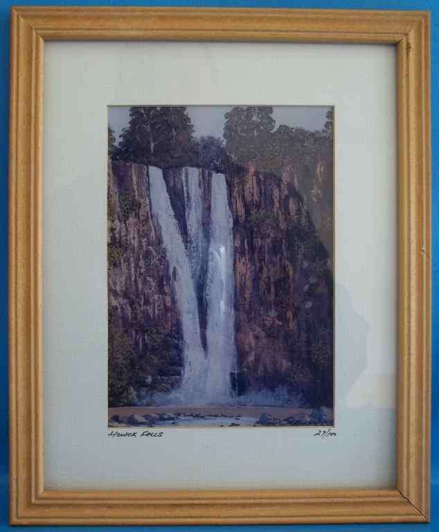 Howick Falls 27/100 Signed Numbered Print - Robert Curwen Framed Behind Glass, Frame Size 22cm/27cm