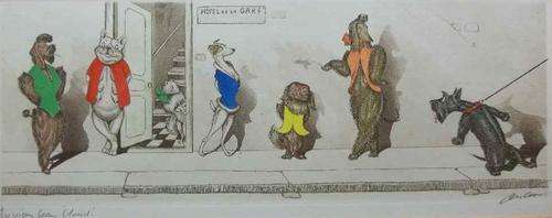 3 X Boris O' Klein Signed & Hand Coloured Dirty Dogs Of Paris Prints (Each 44cm/18cm)
