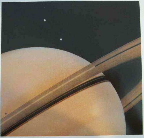 NASA: Jet Propulsion Laboratory Glossy Photo Print: Saturn & Tethys & Dione - Voyager 1, 3 Nov 1980