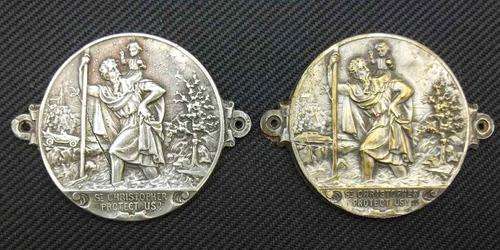 2 X "St Christopher Protect Us" Metal Discs That Were Attached To Vintage Cars - Diameter 5cm