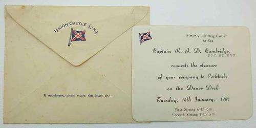 Union Castle Line "Stirling Castle" Cocktails Invitation, 1962