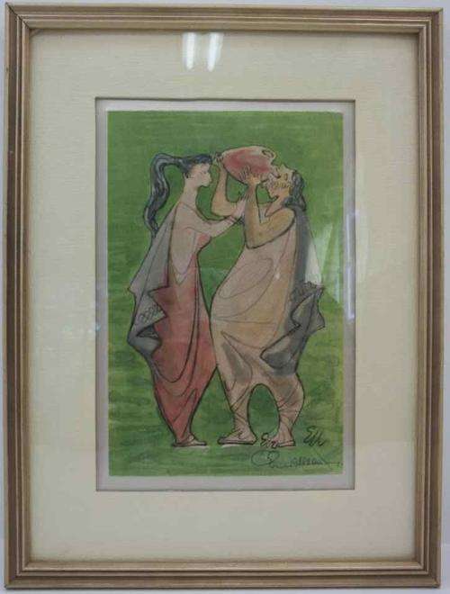 Fantastic Ernest Ullman(1900-1975) Watercolour On Silk Framed Behind Glass;Painting Size 12,5cm/19cm