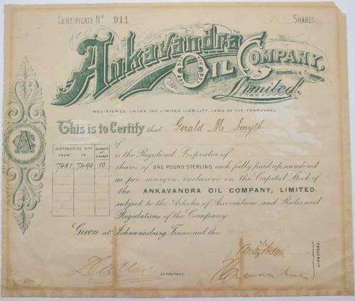 Ankavandra Oil Company, Johannesburg, Transvaal Share Certificate - 1909