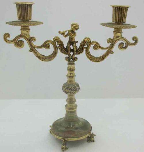 STUNNING Brass & Marble Candle Holder With Cherub - 26cm/24cm