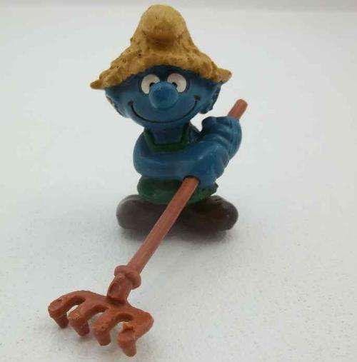 Vintage Schleich Smurf Farmer/Gardener Straw Hat and Rake