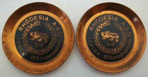 2X Copper Coasters: Rhodesia AAU Junior Championships, 1970 ~ Diameter 7cm