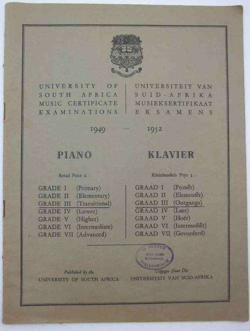 University Of South Africa Music Certificate Examinations 1949-1952 - Piano/Klavier