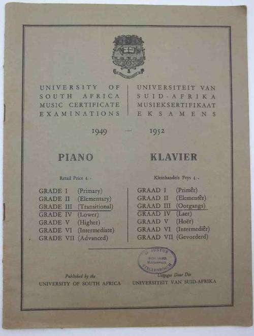 University Of South Africa Music Certificate Examinations 1949-1952 - Piano/Klavier