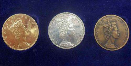 SAM Elizabeth Secund Kroning Coronation 2/6/1953; 15ct Gold/STG Silver/Bronze; Only 1000 Sets Minted