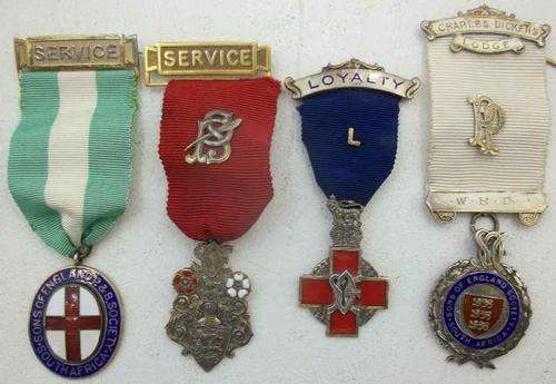 Sons Of England Society, South Africa, Charles Dickens Lodge Medal Set  +/- 100g Silver, 1950's - "Presented To Wor. Bro. H.J. Jenner"