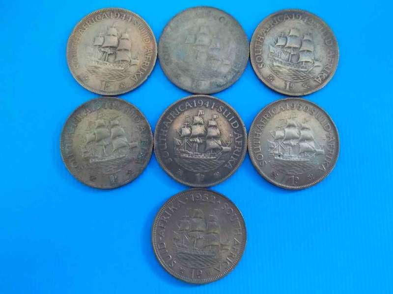 7 X GEORGIVS VI REX IMPERATOR 1d South Africa Coins (1940, 1941, 1942, 1944, 1949, 1950, 1952)