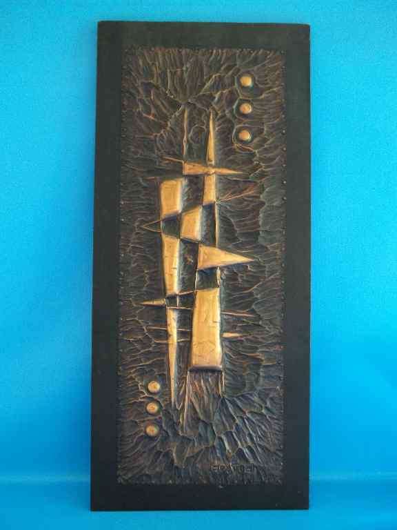 Beaten Copper Artwork On Wood - Signed "Edith"  69cm/30,5cm