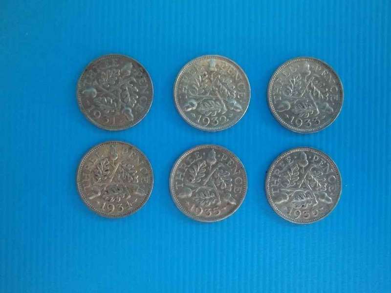 6 X Silver 3 Pence - 1931, 1932, 1933, 1934, 1935, 1936