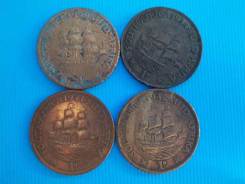 4 X South Africa 1D Coins - 1941, 1942, 1944,1949