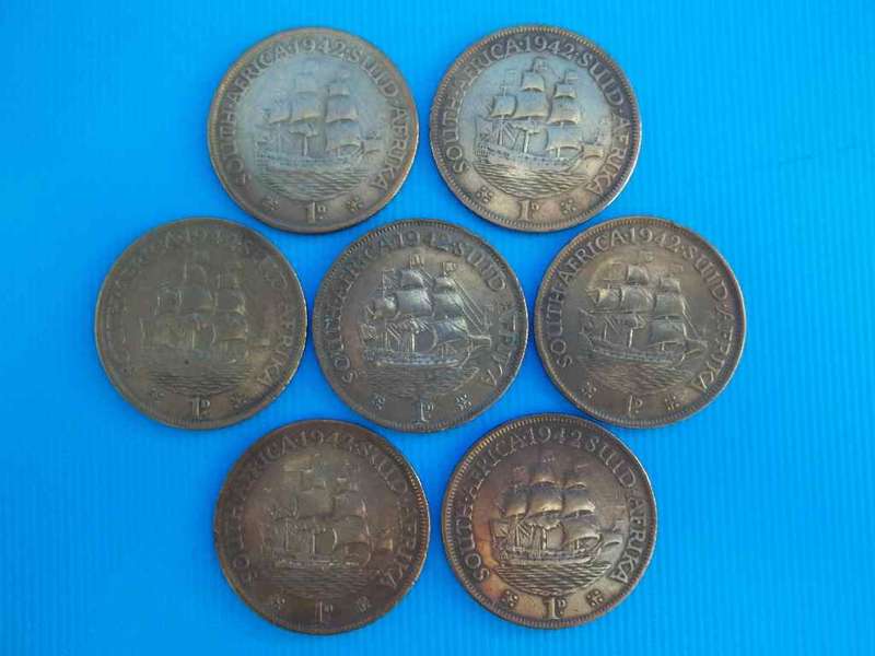 7 X South Africa 1D Coins - All 1942
