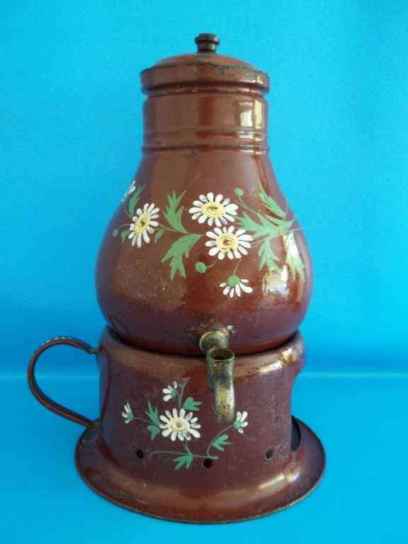 ***VERY OLD BROWN ENAMEL TEAPOT WITH IT'S OWN BURNER STAND!!!*** Height 36cm