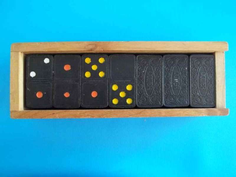 Lovely Old Set of "Power" Dominoes In A Wooden Box Marked With Felt Pen