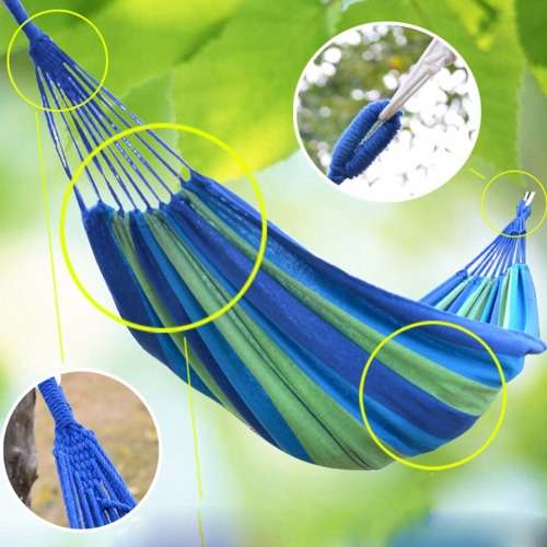 Portable Cotton Rope Outdoor Swing Fabric Camping Hanging Hammock In Blue Color