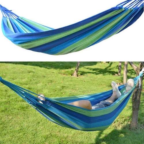 Portable Cotton Rope Outdoor Swing Fabric Camping Hanging Hammock In Blue Color