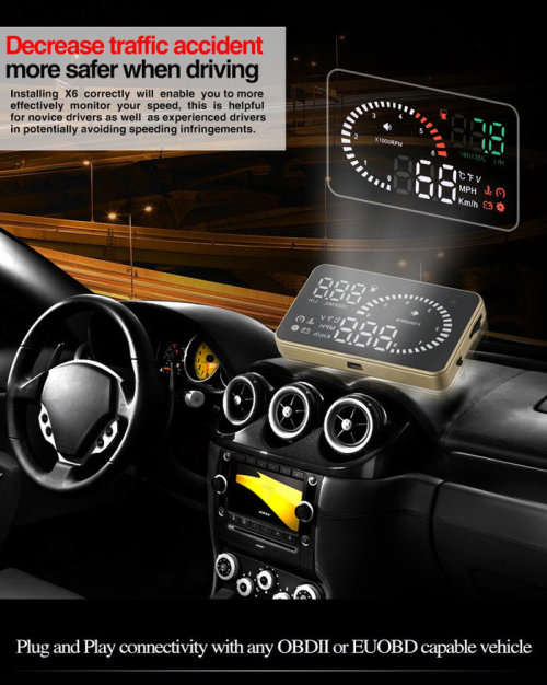 X6 Car Projector OBDII interface HUD Head Up Display MPH Speed ¿¿Fuel Consumption Monitoring System