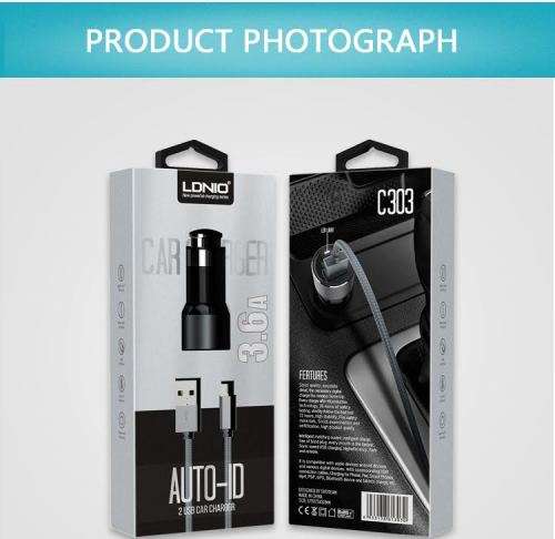 Car Charger 3.6A 2x USB LDNIO C303 silver + micro USB cable For IOS