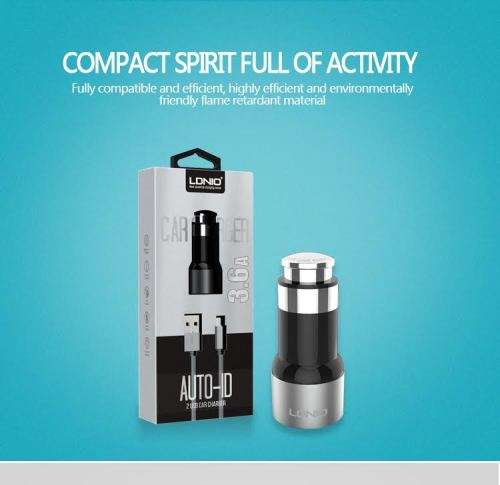 Car Charger 3.6A 2x USB LDNIO C303 silver + micro USB cable For IOS