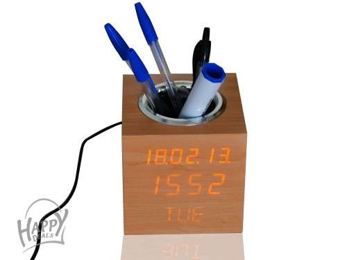 WOODEN CUBE ALARM CLOCK AND CALENDAR