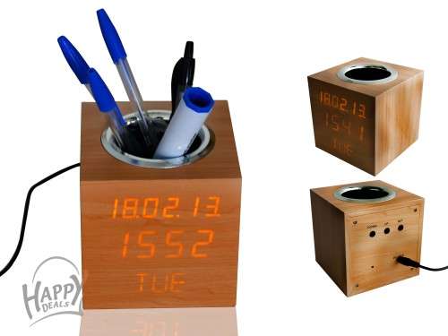 WOODEN CUBE ALARM CLOCK AND CALENDAR