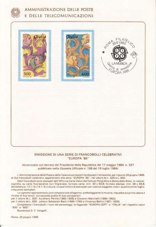 Italy - June 1985  Europa MNH set + FDC +info card! Excellent condition