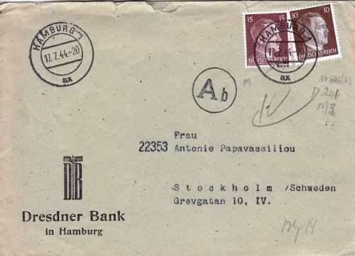 Germany cover from Dresdner bank in Hamburg 1944