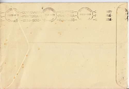 1938 Voortrekker Centenary Cover  - toning spots - as per scan