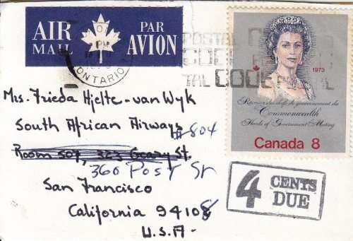 Cover from Toronto Canada to California - 4 cents due