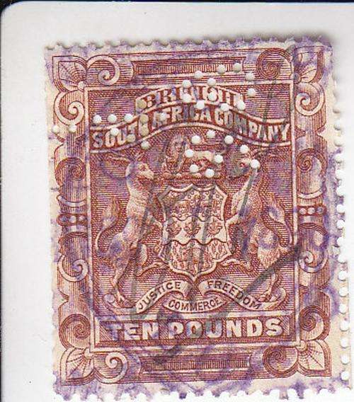 *BSAC - 1891/92 - Ten Pounds - Revenue cancellation- As per photo