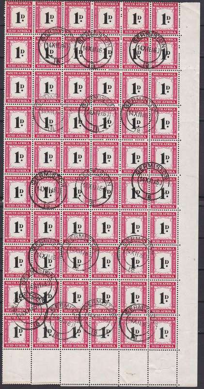 Union of South Africa Postage Due 1d Stamps 1950 to 1958 - Mint condition cancelled "Germiston"