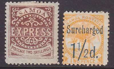 Samoa -2s brown, 1877/82 perf. 11 & 1.5p on 2p yellow 1895 - both partial gum & hinge remain
