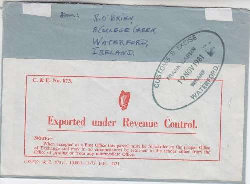 1981 FDC from Ireland to South Africa "Exported under revenue control" crisp cancellation