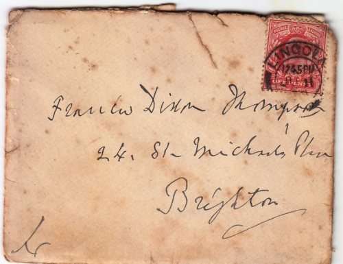 1911 cover from Old Palace Lincoln/Lincoln to Brighton - Tatty condition