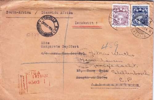 1934 Registered Cover from Latvia to Johannesburg - redirected to Stellenbosch