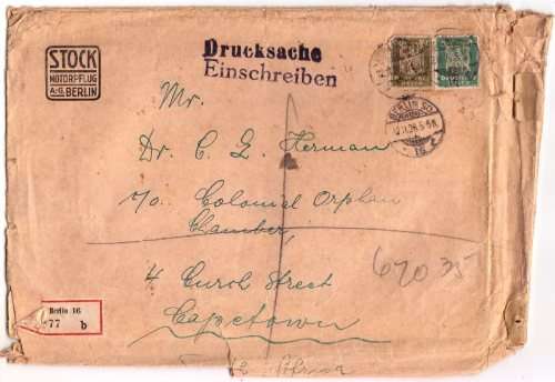 1926 Registered Cover from Berlin to Cape Town - Tatty Condition
