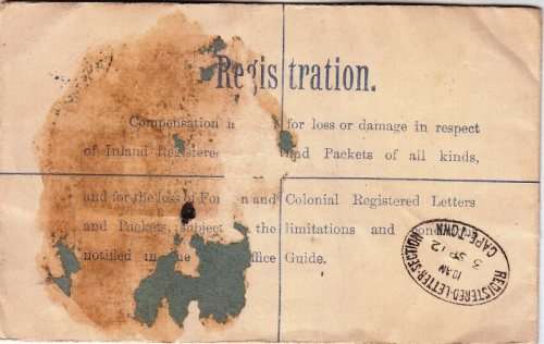 1912 Registered letter from England to South Africa