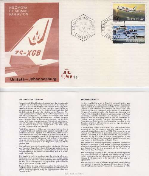 RSA - Aviation 1977 FDC - Umtata to Johannesburg