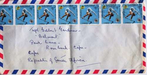 Spain - 1971 cover to Cape Town - Stunning strip of stamps! crease in the middle