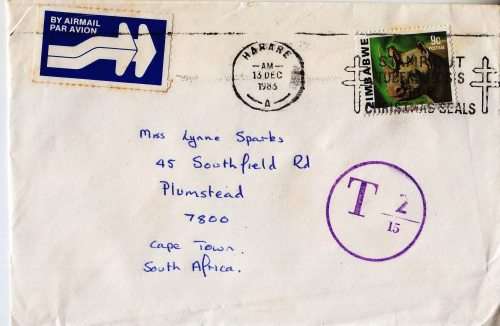 Zimbabwe to Cape Town Cover - 1983 - Surcharged